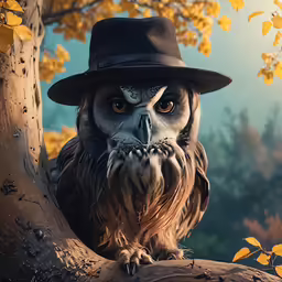 an owl with a hat sitting in a tree