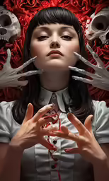 a person in a white shirt with several hands over their head