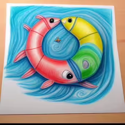 a painting of two colorful fish inside of a body of water,painting of two fish swimming next to each other