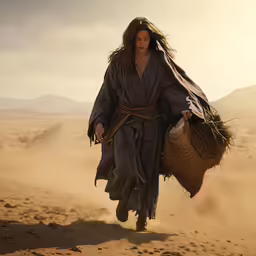 woman with baskets walks on sandy surface in desert