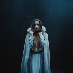 the girl is standing in the woods with a jacket on