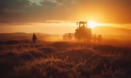 tractor on a field with a sun setting in the background