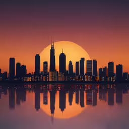 a beautiful sunrise over a city with the sun reflecting off the water,a sunset view of the city as it sits