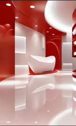 a red and white room with lots of mirrors