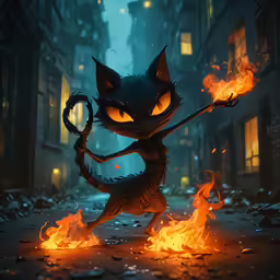 a cat in the fire dancing on a street
