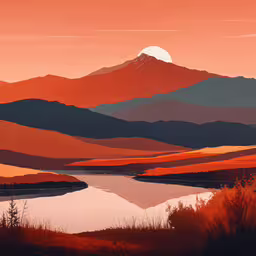 a painting of mountains, lake and a sunset,a painting depicting a sunset over a mountain range with a lake in the foreground