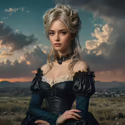 a young girl with blond hair and a black dress standing in front of a field