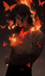 a woman in dress with a bunch of orange butterflies around her
