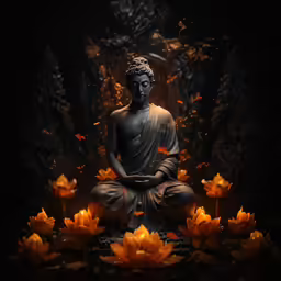 the buddha statue is surrounded by water lilies