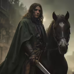 a man dressed in a knight outfit stands next to a horse