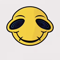 an image of smiley face drawn in black and white,an image of smiley face with large blue eyes