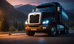 a large truck driving on a dark highway,an illuminated semi truck driving on a mountain road at night