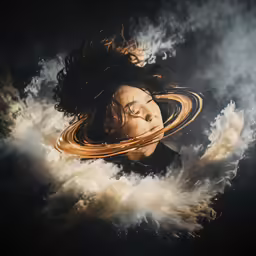 a person wearing space hats floating in the air