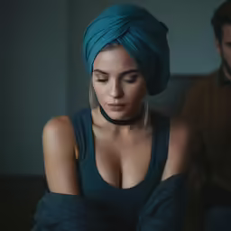the woman is looking down in a turquoise dress