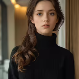 young beautiful lady wearing black sweater standing by wall
