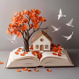 an open book with an house on it surrounded by orange flowers