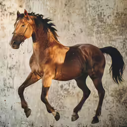 a brown horse standing against a cement wall