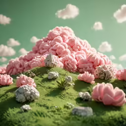 a model with fake flowers and rocks in the grass