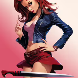 illustration of a woman with red hair posing with her sword,a young red haired woman with a sword