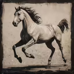 a black and white photograph of a running horse