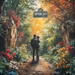 two people holding hands while standing on a forest path with flowers