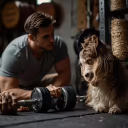 a man with a dumbs bar and a dog