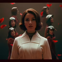 the woman is surrounded by other models in red dress