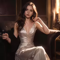 a beautiful woman in a wedding dress sitting on a couch