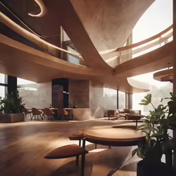 the large, modern room features curved walls and wooden floors