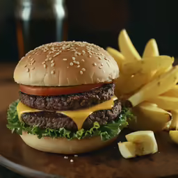a burger with cheese, lettuce and tomato on a plate next to french fries