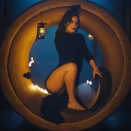 woman in black dress posing inside of wooden tube