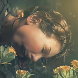 a woman in black shirt sleeping on yellow flowers
