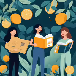 illustration of two women holding books surrounded by oranges
