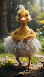 a fuzzy yellow chickling is standing on its legs