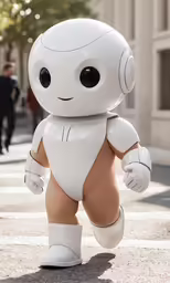 large white humanoid robot standing on street next to building