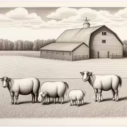 four sheep stand in a field in front of an old barn