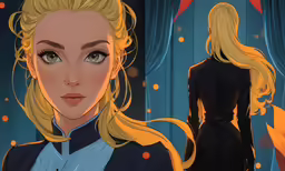the anime character has long blonde hair and is dressed in a black suit