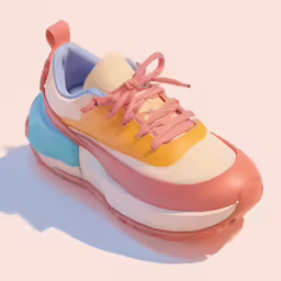 a pink, white and yellow sneaker with colorful laces on top