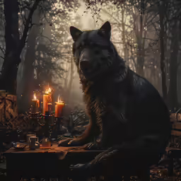 a large black dog is sitting in front of a table that has candles in it