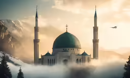 a large white mosque in the middle of some mountains