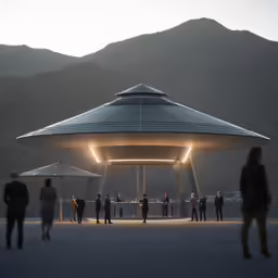 a group of people are standing outside in front of a dome