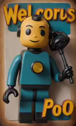 a small toy with headphones attached is posed in front of the sign