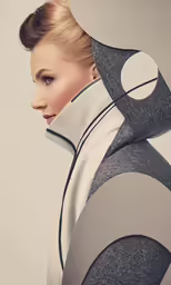 the woman is wearing a suit with a circle pattern