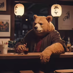 a giant stuffed bear sitting at a bar