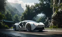 a white car driving past a mountain in the road