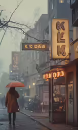 person walking down a wet city street with umbrella