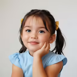 a little girl in a blue dress has a brown ribbon on her head