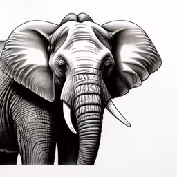 an elephant is shown with its trunk raised,this is a drawing of an elephant,an elephant is standing in front of a white background,an elephant with tusks is drawn on white paper,this is an elephant head and trunk pencil drawing