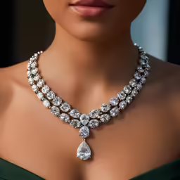 a woman wearing a diamond necklace