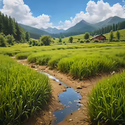 a small river running through a lush green hillside
